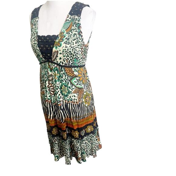 Forbidden Safari Print Dress Midi Size Medium Studded Neckline Tan Black Hippie - Picture 5 of 13